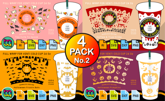 4 Pack 2 Halloween 24oz Cold Cup Wraps