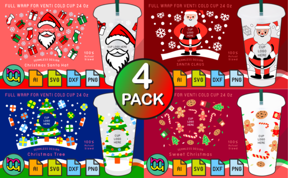 4 Pack Christmas 24oz Cold Cup Wraps