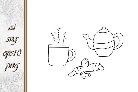 Doodle Cup, Teapot, Ginger Sketch Vector
